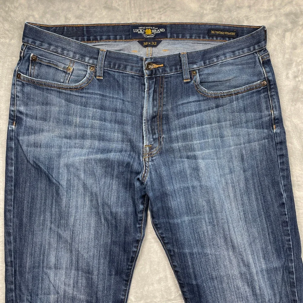 Lucky Brand 361 Vintage Straight Jeans Mens 38x32 Blue Medium Wash Distressed
